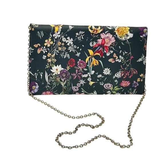 KELLY & KATIE BLACK FLORAL CLUTCH CROSSBODY PURSE W/ GOLD PLATED CHAIN STRAP - Picture 4 of 6